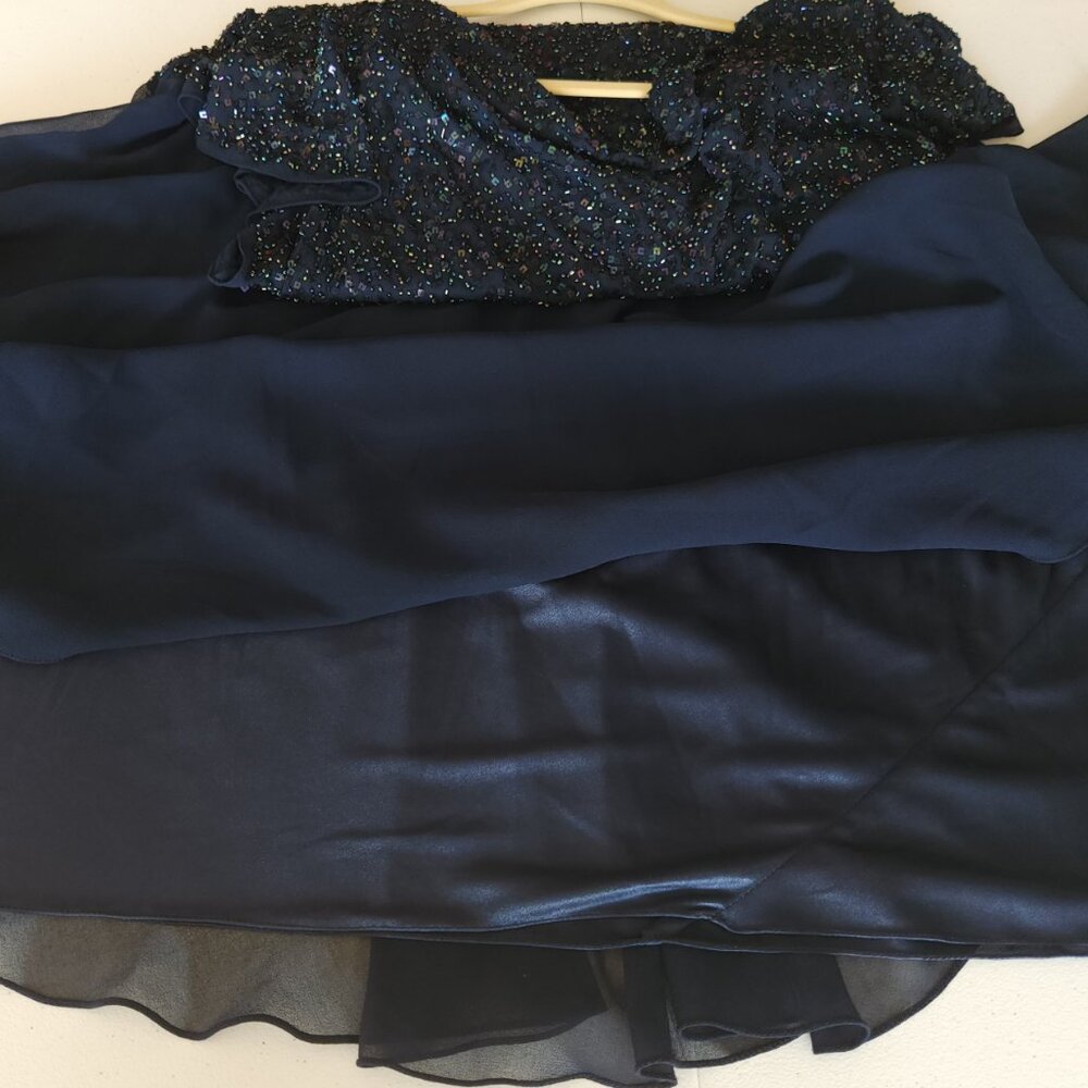 JKARA Chiffon Evening Dress Plus Size 18W Navy Blue, Sequin Bodice - Picture 6 of 12